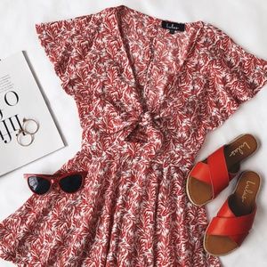LULUS Red and White Floral Print Front-Tie Romper